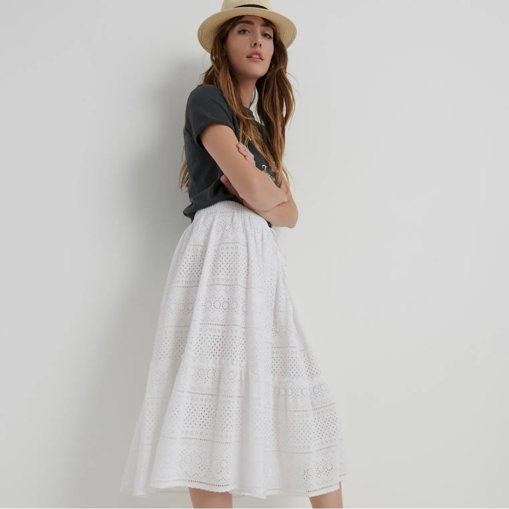 Lucky Brand White Eyelet Tiered Midi Skirt Size M Boho Cottagecore - Picture 4 of 15